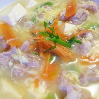 具だくさん～豚コマと豆腐のトロトロ中華玉子スープ！